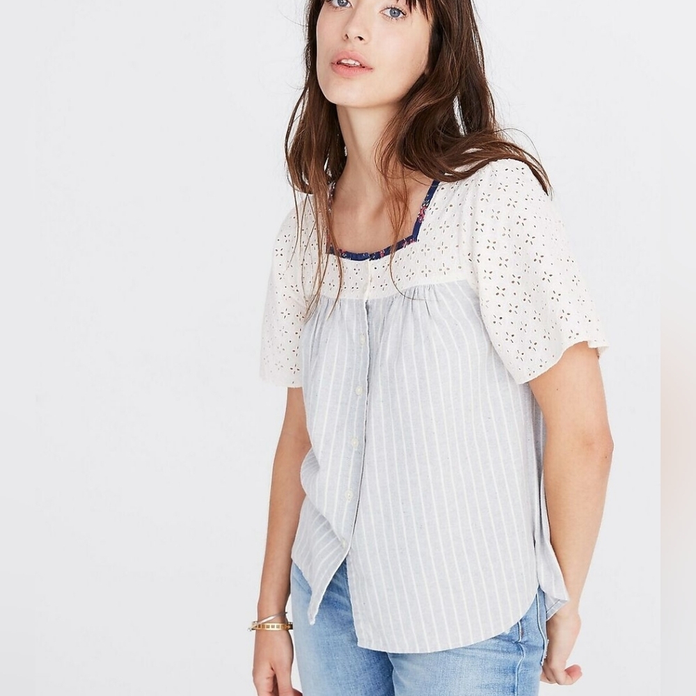 Madewell x The New Denim Project Patchwork Butterfly Blouse Size XL 100% Cotton